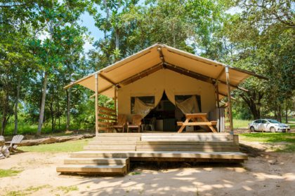 Cort Safari economic în Africa de Sud pentru vacanțe de familie în natură, tabără de corturi Safari în pădure verde tufiș natură