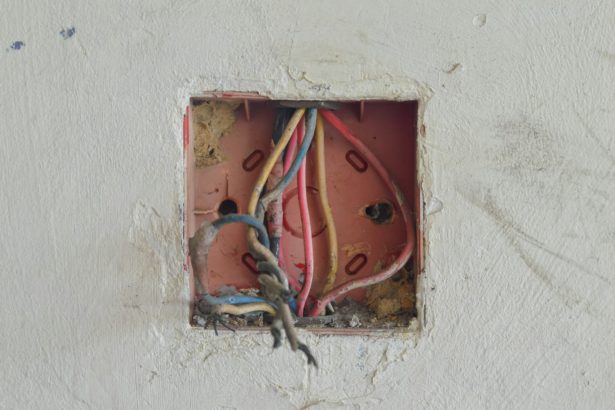 Firele, piulițele de sârmă și pânzele de păianjen aglomeran cutia de joncțiune, solicitând reorganizare și reparații electrice.