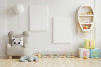 Machetă interioară pentru creșă, cameră pentru copii, machetă de cadru de perete. Redare 3d