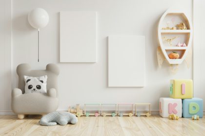 Machetă interioară pentru creșă, cameră pentru copii, machetă de cadru de perete. Redare 3d