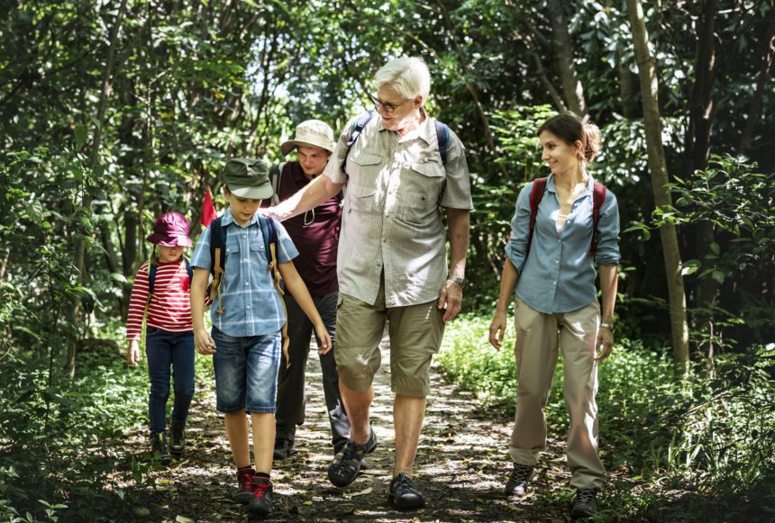 Drumeții în familie într-o pădure